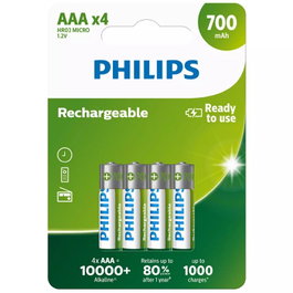 Philips Pack de 4 Pilas AAA Recargables R03B4A70/10 1.2V 700 mAh